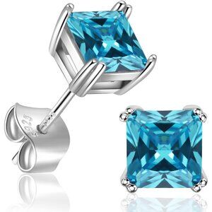 Womens Blue Cubic Zirconia 18K White Gold Plated 925 Sterling Silver Earrings